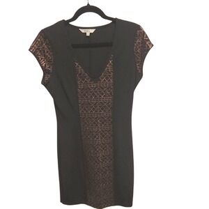 BB Dakota Black V Neck Cap Sleeve Geometric Bronze Sequin Dress Size S